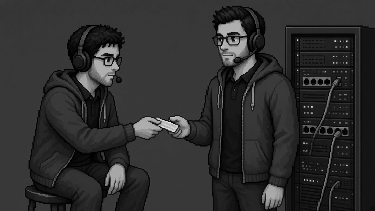 Engineer handing a ticket to a senior engineer at the rack